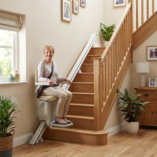 Sicherer Treppenlift an einer geraden Treppe im Einfamilienhaus