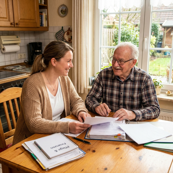 Freundliche Pflegerin und älterer Herr sitzen am Küchentisch und besprechen Dokumente