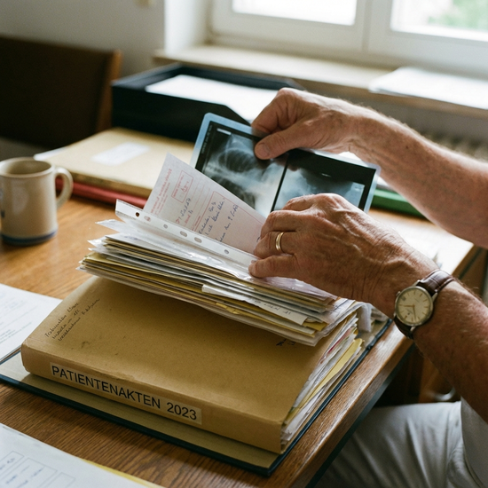 Nahaufnahme von Händen, die sorgfältig medizinische Unterlagen in einem Ordner sortieren
