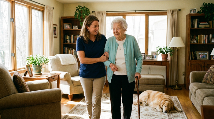 Pflegerin unterstützt Seniorin liebevoll beim Gehen in einem hellen, gemütlichen Wohnzimmer