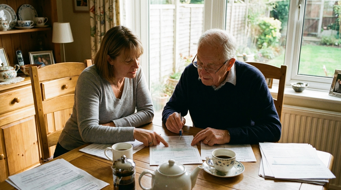 Tochter hilft ihrem älteren Vater beim Ausfüllen eines Formulars am Esstisch