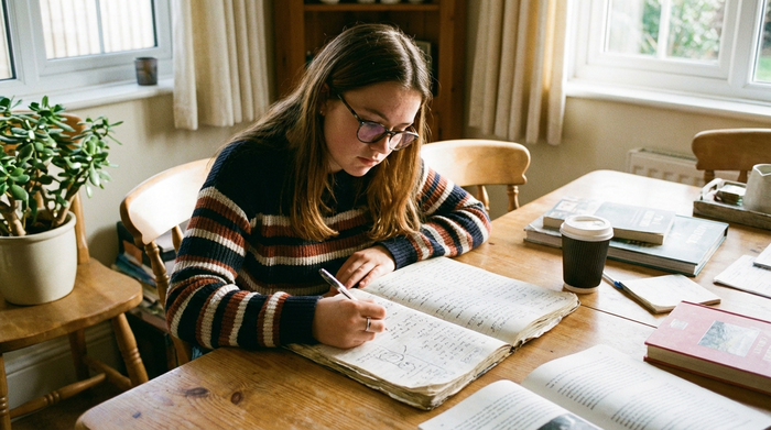 Tochter notiert aufmerksam Details in einem Notizbuch am Esstisch