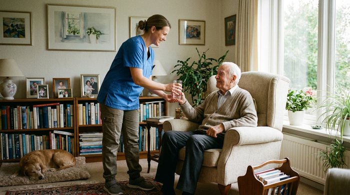 Pflegerin reicht einem Senior ein Glas Wasser im Wohnzimmer