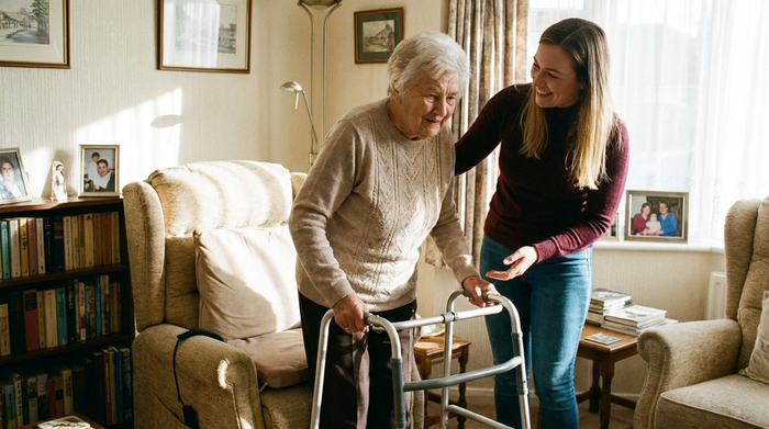 Ältere Dame wird beim sicheren Aufstehen aus dem Sessel unterstützt