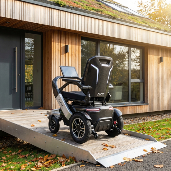 Moderner elektrischer Rollstuhl vor einer Rampe am Hauseingang