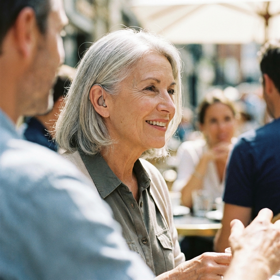 Seniorin trägt ein unauffälliges modernes Hörgerät