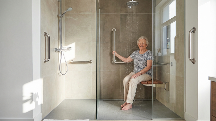 Ältere Dame nutzt sicher eine moderne, bodengleiche Dusche mit Haltegriffen und Duschsitz