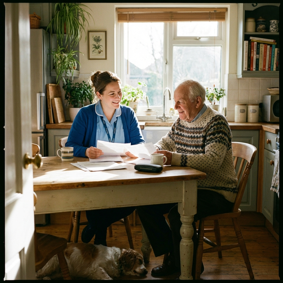 Pflegekraft und Senior sitzen entspannt am Küchentisch und besprechen Unterlagen