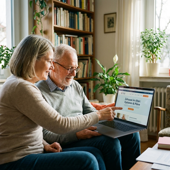 Freundliche Beraterin erklärt einem älteren Ehepaar verschiedene Möglichkeiten am Laptop