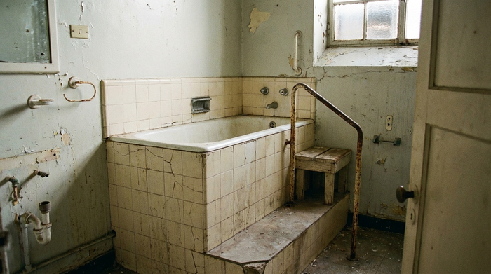 Hohe, schwer zugängliche Standard-Badewanne in einem älteren Badezimmer