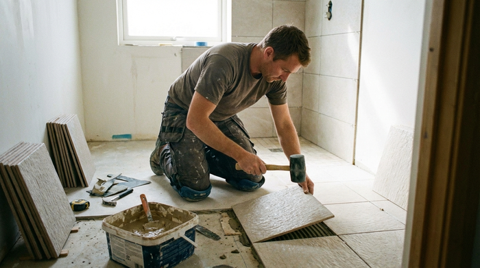 Handwerker montiert rutschfeste Fliesen im Badezimmer