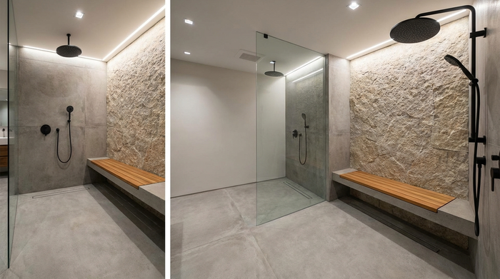 Fertige, moderne und schwellenlose Dusche mit Sitz