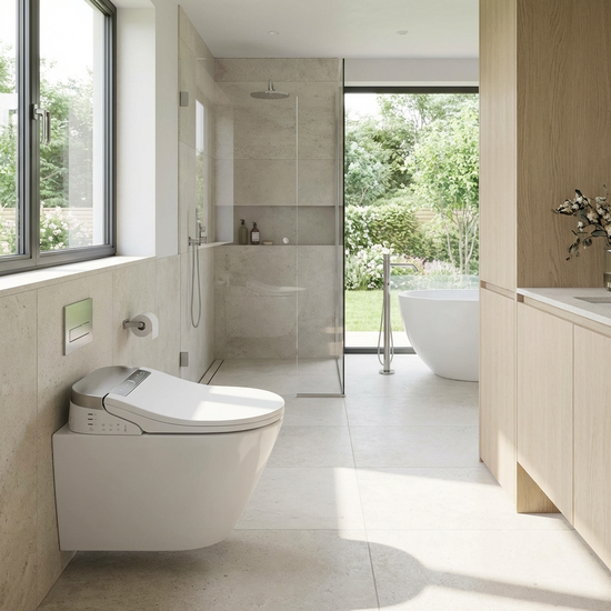 Modernes Dusch-WC mit seitlichen Bedienelementen in einem hellen Bad