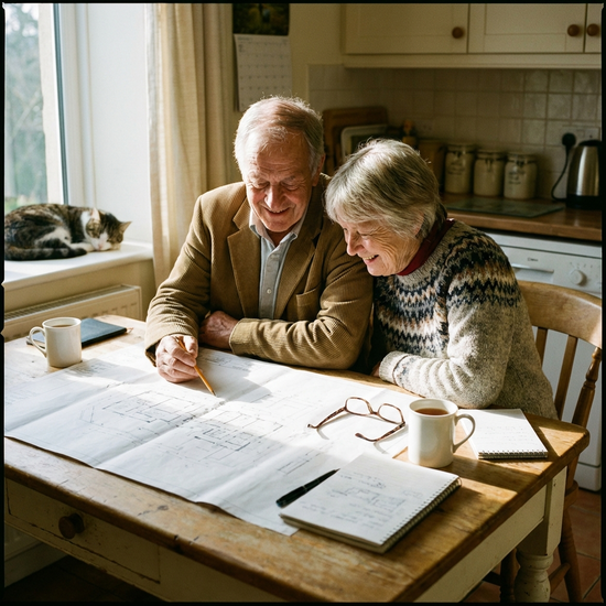Älteres Ehepaar betrachtet gemeinsam Pläne am Tisch