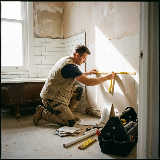 Handwerker misst mit einem Zollstock das Badezimmer aus