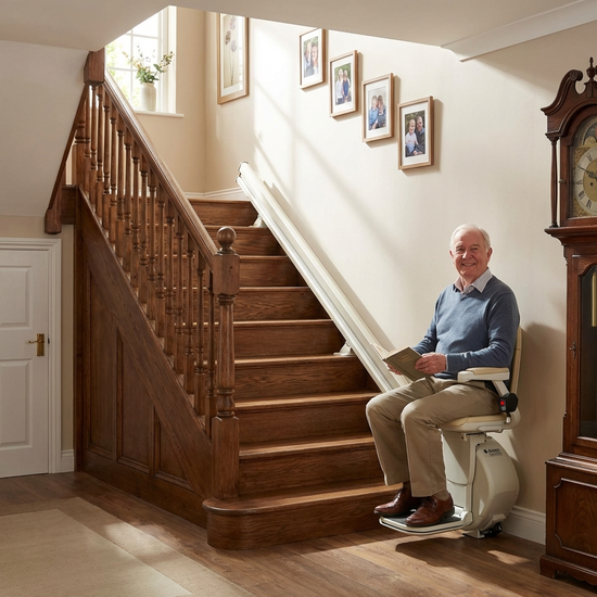 Gerader Sitzlift auf einer klassischen Holztreppe im Einfamilienhaus