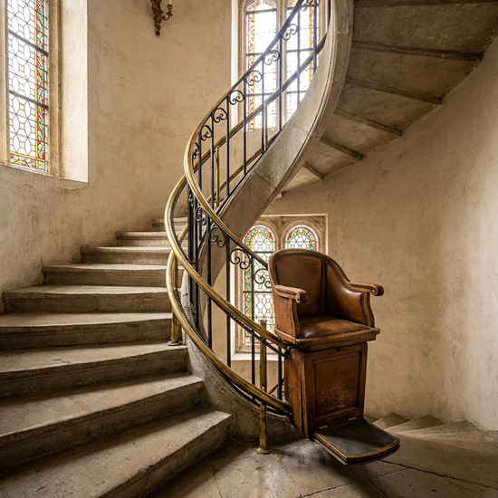 Kurvenlift mit maßgefertigter Schiene an einer gewendelten Steintreppe