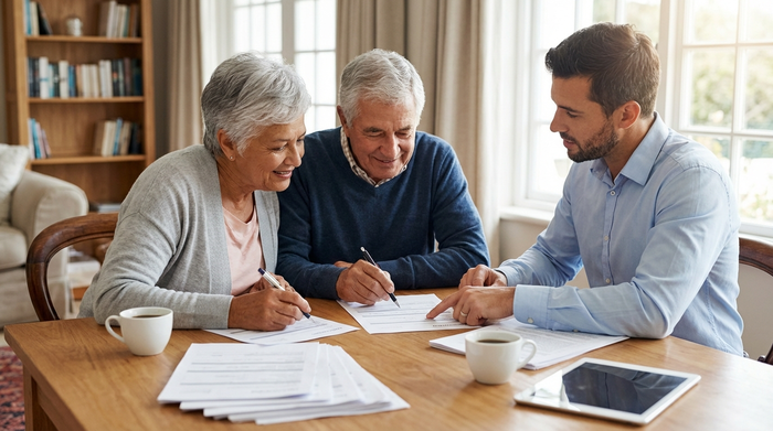 Seniorenpaar sitzt mit Berater am Tisch und füllt gemeinsam Antragsformulare aus
