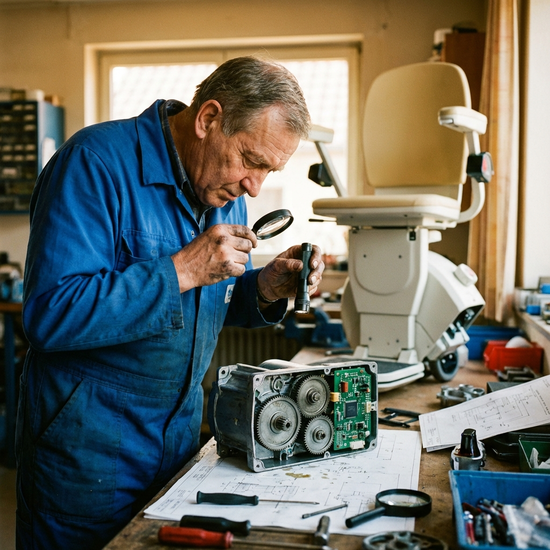 Techniker bei der sorgfältigen Inspektion eines Treppenlift-Motors