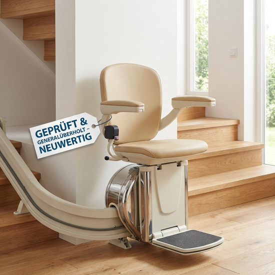 Geprüfter und generalüberholter Treppenlift-Sitz in neuwertigem Zustand