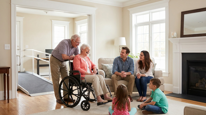 Glückliche Seniorin im Gespräch mit ihrer Familie im barrierefreien Wohnzimmer