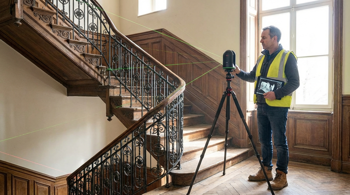 Berater misst Treppenhaus mit digitalem 3D-Laser aus