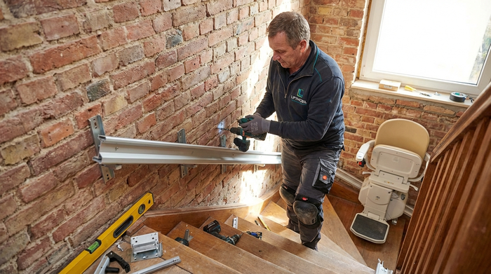 Fachmonteur installiert die Führungsschiene des Treppenlifts