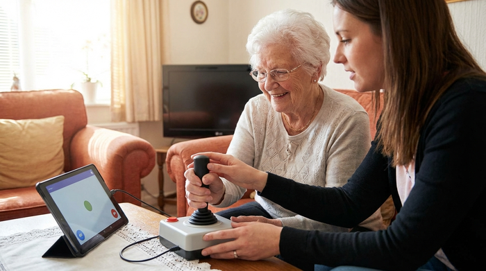 Seniorin erhält Einweisung in die einfache Bedienung per Joystick