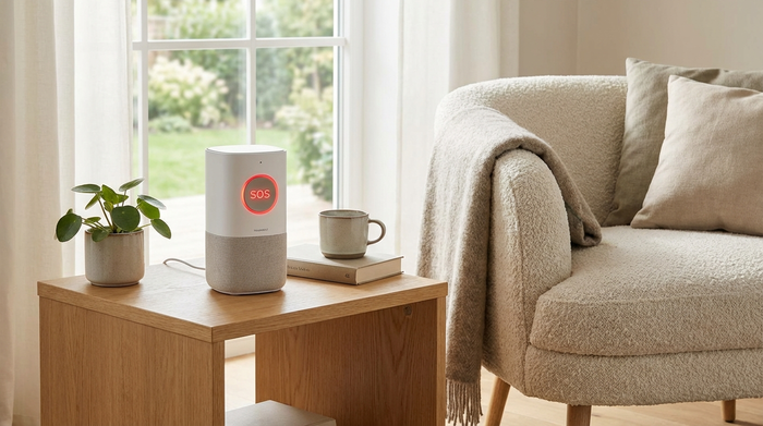 Moderne Hausnotruf-Basisstation auf einem aufgeräumten Beistelltisch neben einem gemütlichen Sessel im Wohnzimmer