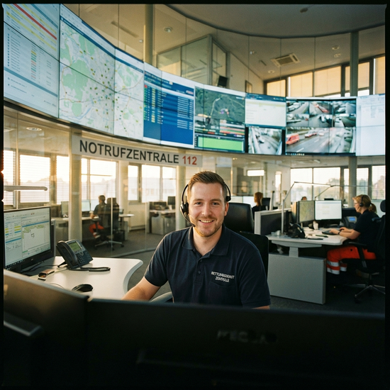 Freundlicher Mitarbeiter in einer modernen Notrufzentrale mit Headset vor Computerbildschirmen