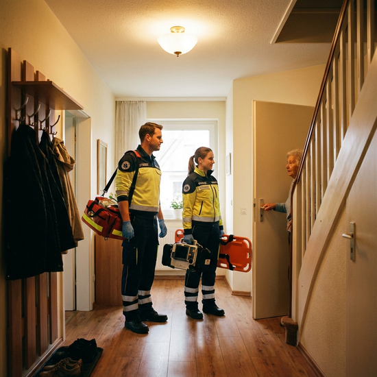 Rettungssanitäter betreten ruhig und professionell einen gut beleuchteten Hausflur