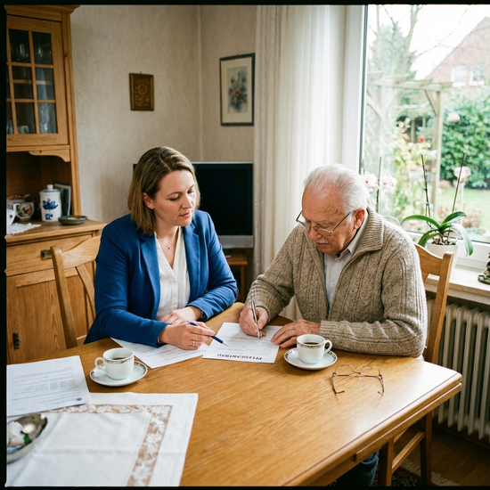 Pflegeberaterin und Senior sitzen gemeinsam am Esstisch und füllen ein Formular aus