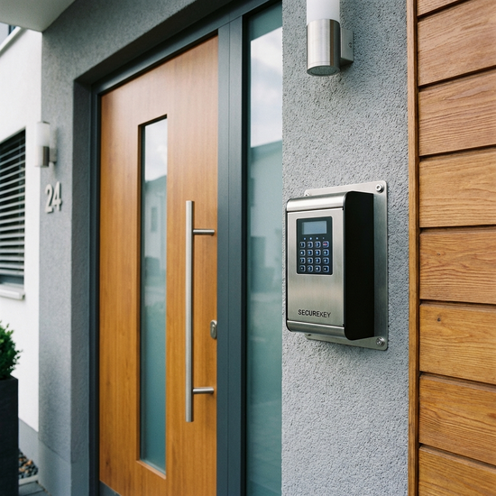 Kompakter, moderner Schlüsseltresor sicher an einer Hauswand neben der Haustür montiert