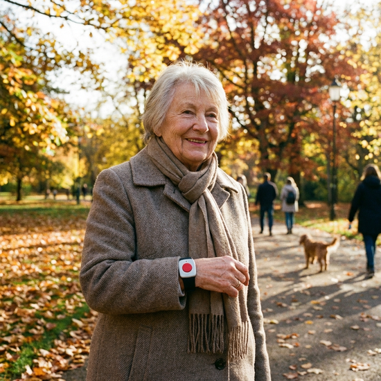 Seniorin mit mobilem Notruf-Armband beim entspannten Spaziergang im herbstlichen Park