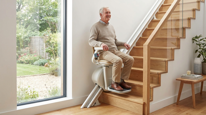 Senior fährt bequem auf einem modernen Treppenlift nach oben