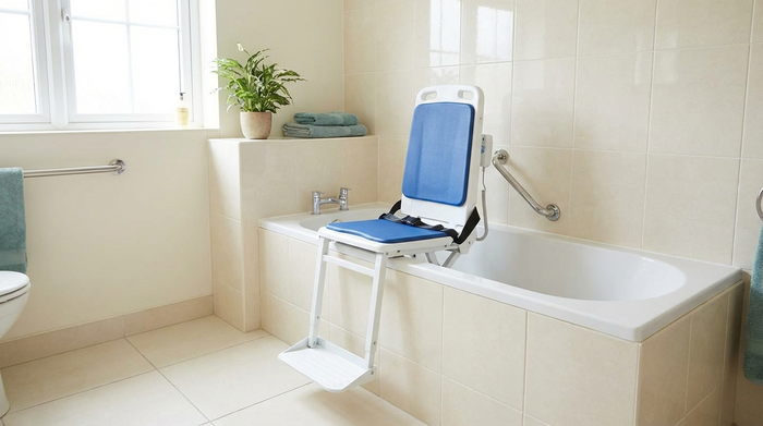 Sicherer Badewannenlift in einem hell gefliesten Badezimmer