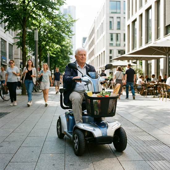 Modernes vierrädriges Elektromobil mit Lenksäule und Einkaufskorb auf einem Gehweg