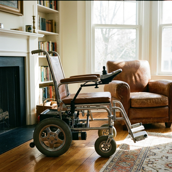 Klassischer elektrischer Rollstuhl mit Joystick-Steuerung im Innenbereich
