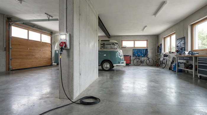 Geräumige, ebenerdige Garage mit einer gut erreichbaren Steckdose an der Wand