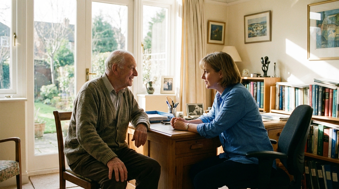 Älterer Patient im vertrauensvollen Gespräch mit seinem Hausarzt in einer hellen Praxis
