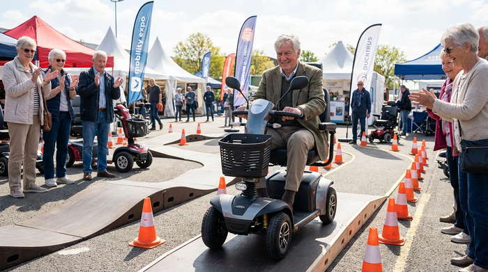 Senior macht eine Probefahrt mit einem Elektromobil auf einem Testparcours
