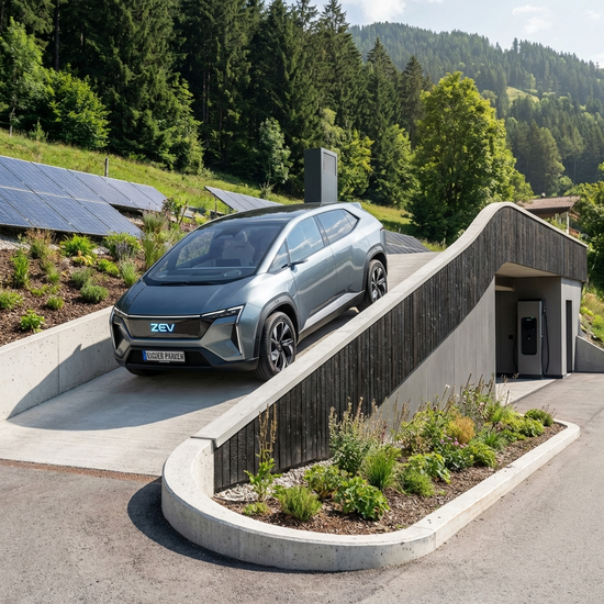 Modernes Elektromobil parkt sicher auf der neuen Rampe
