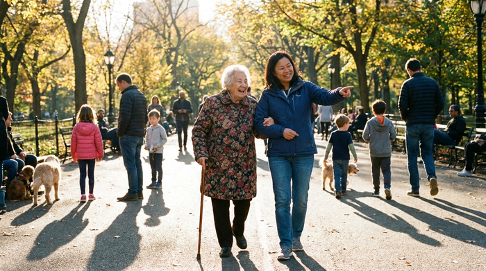 Ältere Dame und Pflegerin beim gemeinsamen Spaziergang im sonnigen Park, beide lächeln.