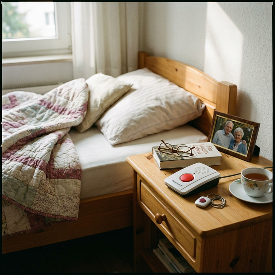 Hausnotruf-Gerät auf einem Nachttisch neben dem Bett