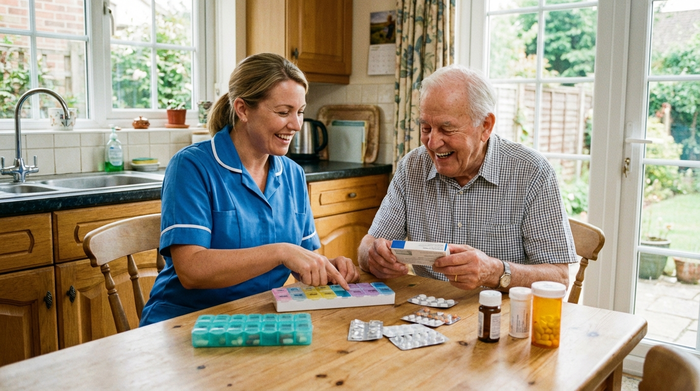 Pflegerin hilft Senior beim Sortieren von Medikamenten