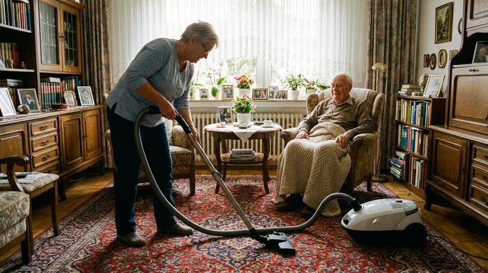Pflegerin saugt den Teppich im Wohnzimmer eines Seniors