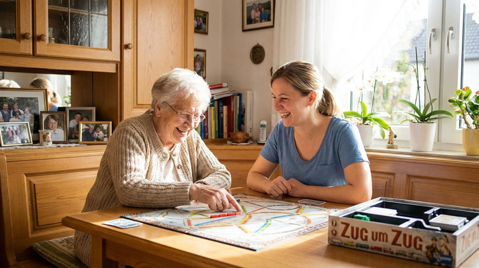 Seniorin und Betreuerin spielen gemeinsam ein Brettspiel am Tisch