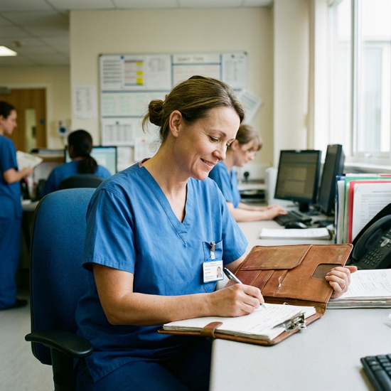 Professionelle Pflegekraft notiert sich Details in einer Mappe