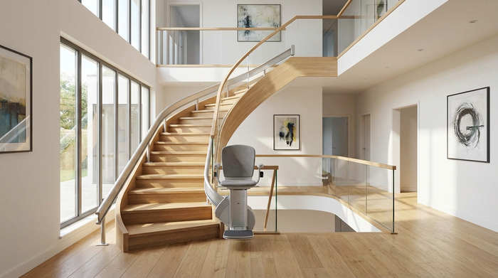 Ein moderner Treppenlift an einer geschwungenen Holztreppe in einem hellen Einfamilienhaus.