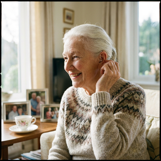 Ältere Dame setzt sich lächelnd ein kleines Hinter-dem-Ohr-Hörgerät ein